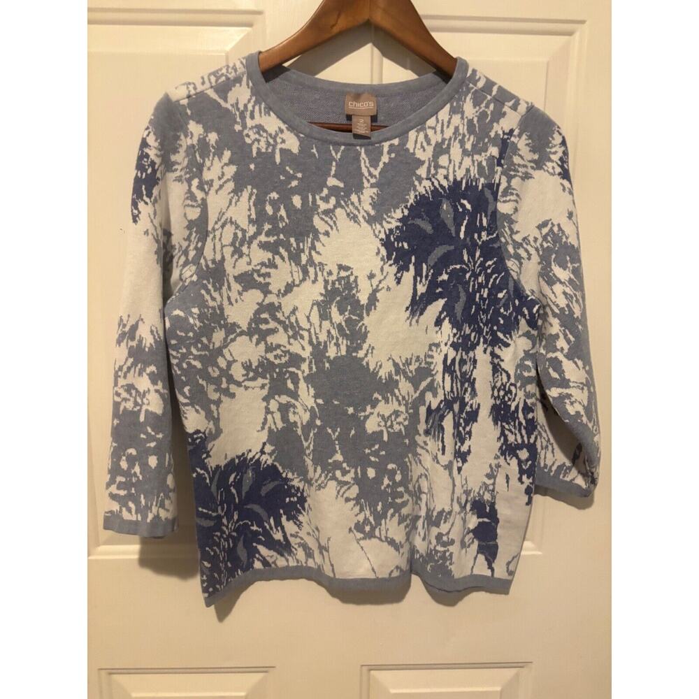 Chico's Top 100% Cotton Floral Printed Pullover 3/4 Sleeve Blue Blouse 2 Large